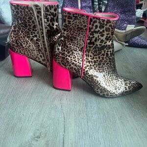 Betsey Johnson Leopard and Neon Pink Ankle Boots